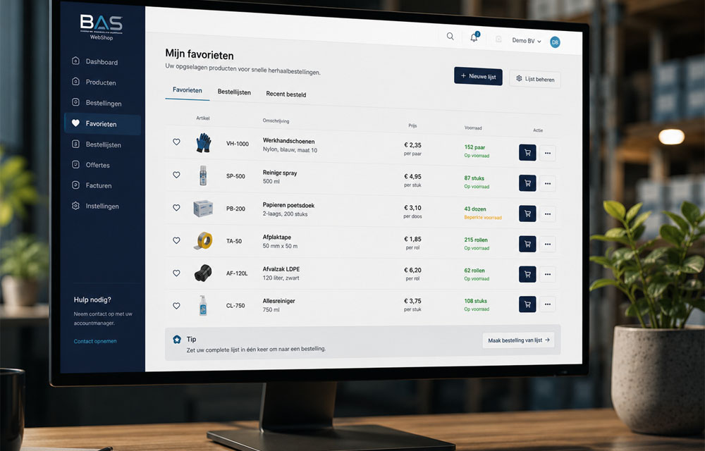 Favorieten en bestellijsten in BaS WebShop